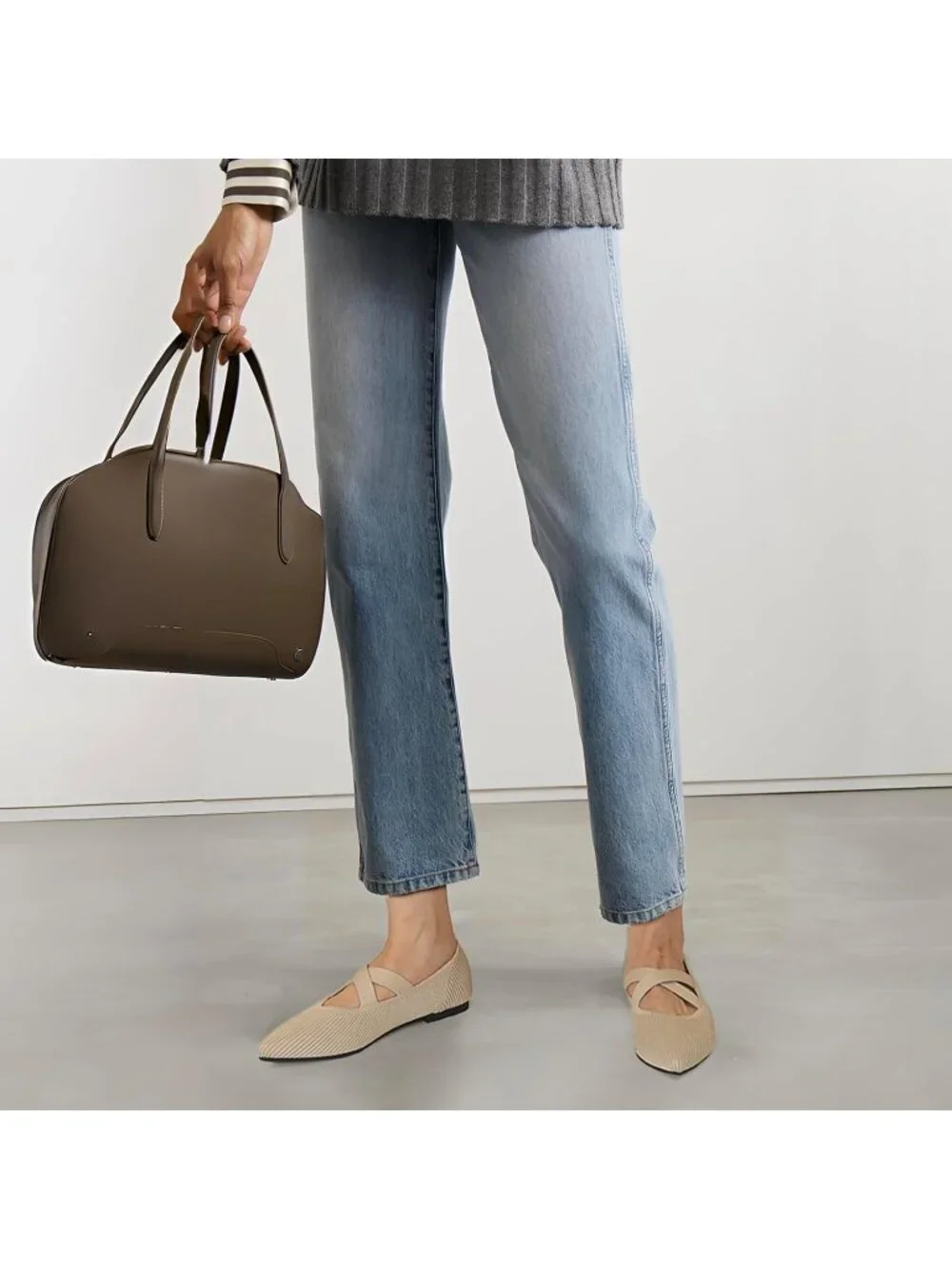 Women's Beige Pointed Toe Comfortable Mary Jane Slip-On Knit Ballet Flat Shoes